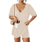 Oversized V-Neck Pajama Set for Women Soft Lightweight 2-Piece Loungewear