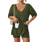 Oversized V-Neck Pajama Set for Women Soft Lightweight 2-Piece Loungewear